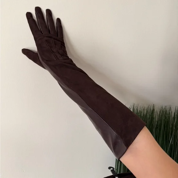 NWT Long Leather & Suede Opera Gloves Brown Premium 6.5 - Picture 8 of 9